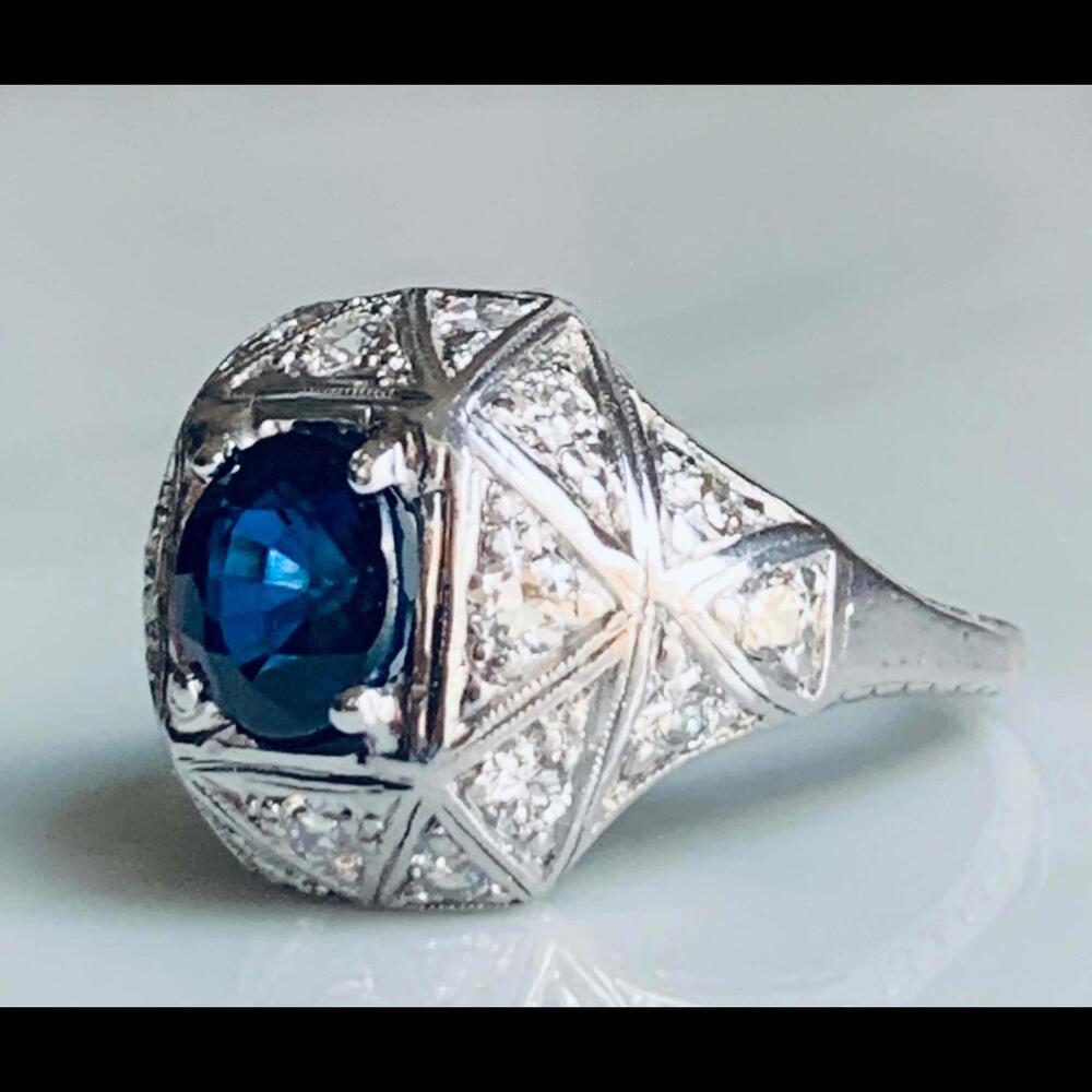 Sapphire Ring Platinum Old Cut Diamond Edwardian Engagement Ring Platinum 1910s - Picture 3 of 9